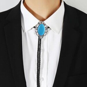 Men's Bolo Tie Cowboy Necklace Leather Necktie Western Turquoise - Silver